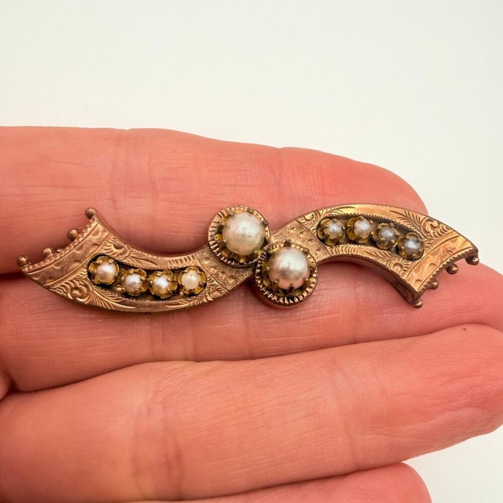 Antique Victorian Rose Gold Filled Seed Pearl Wave Bar Brooch Pin Bow Engraved